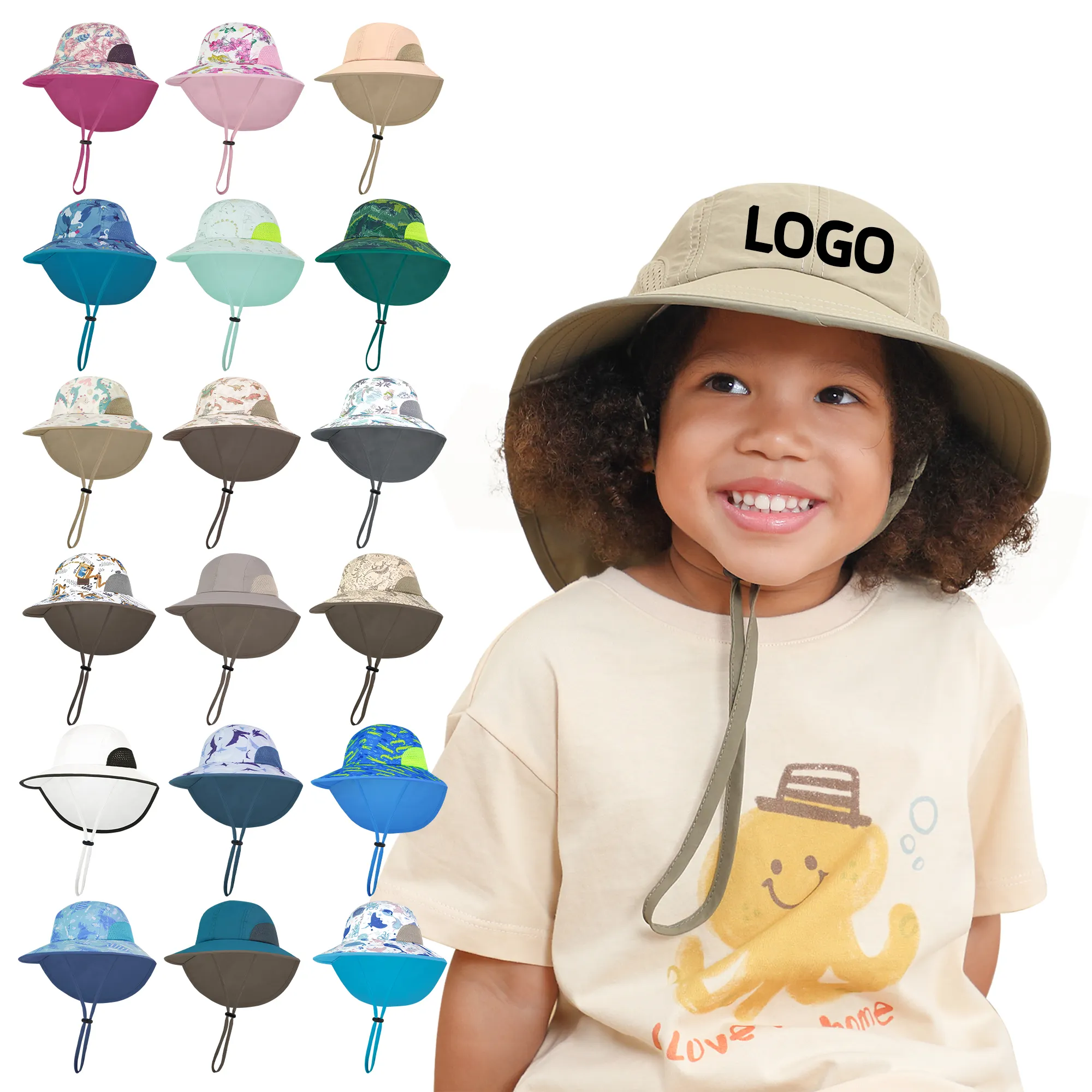 Verano protección Uv visera para el cuello del niño pequeño protección solar sombrero de cubo niños sombrero de cubo logotipo personalizado