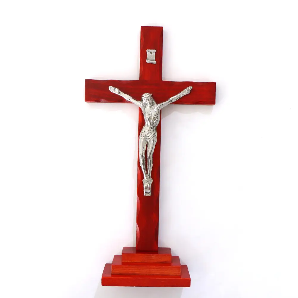 Cruz de madera de la familia cristiana para rezar, Metal plateado, crucifijo de Jesús, decoración de pie, Cruz de Adorno