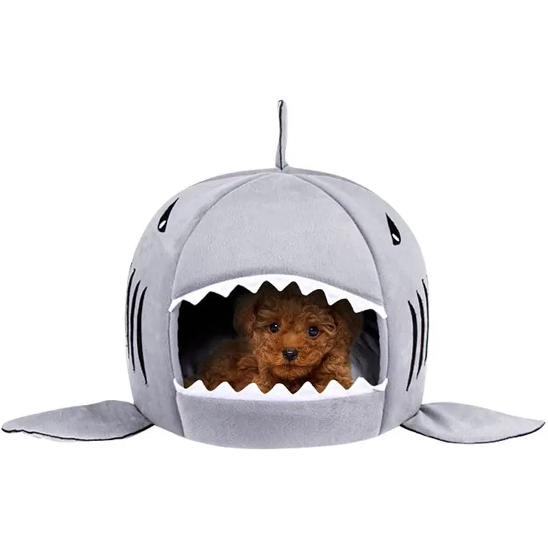 Köpekbalığı Pet House Cave yatak için küçük orta köpek kedi yavruları ile çıkarılabilir yastık ve su geçirmez alt