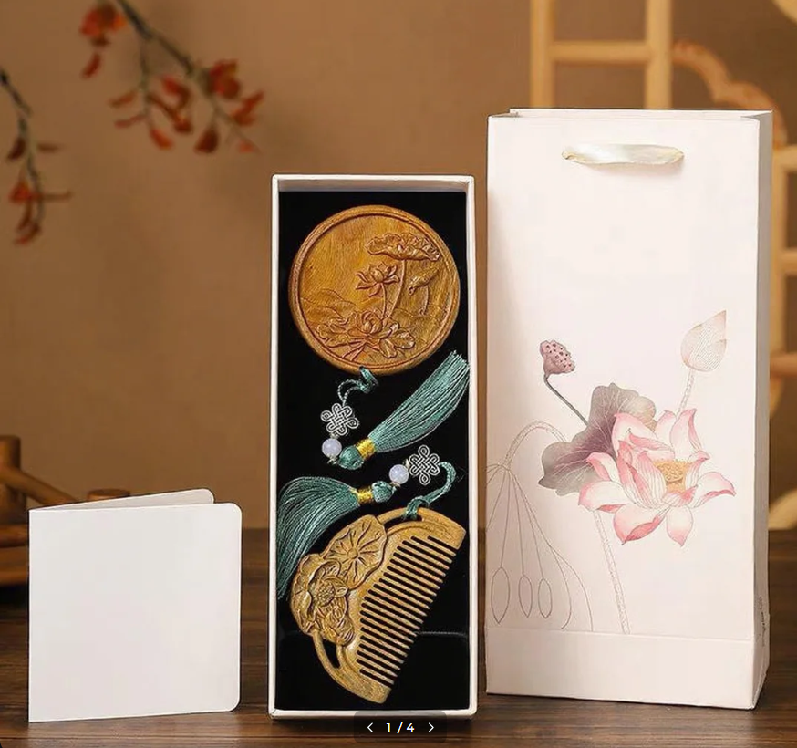 Lotus Scented Wooden Comb + Lotus Leaf Wooden Mirror