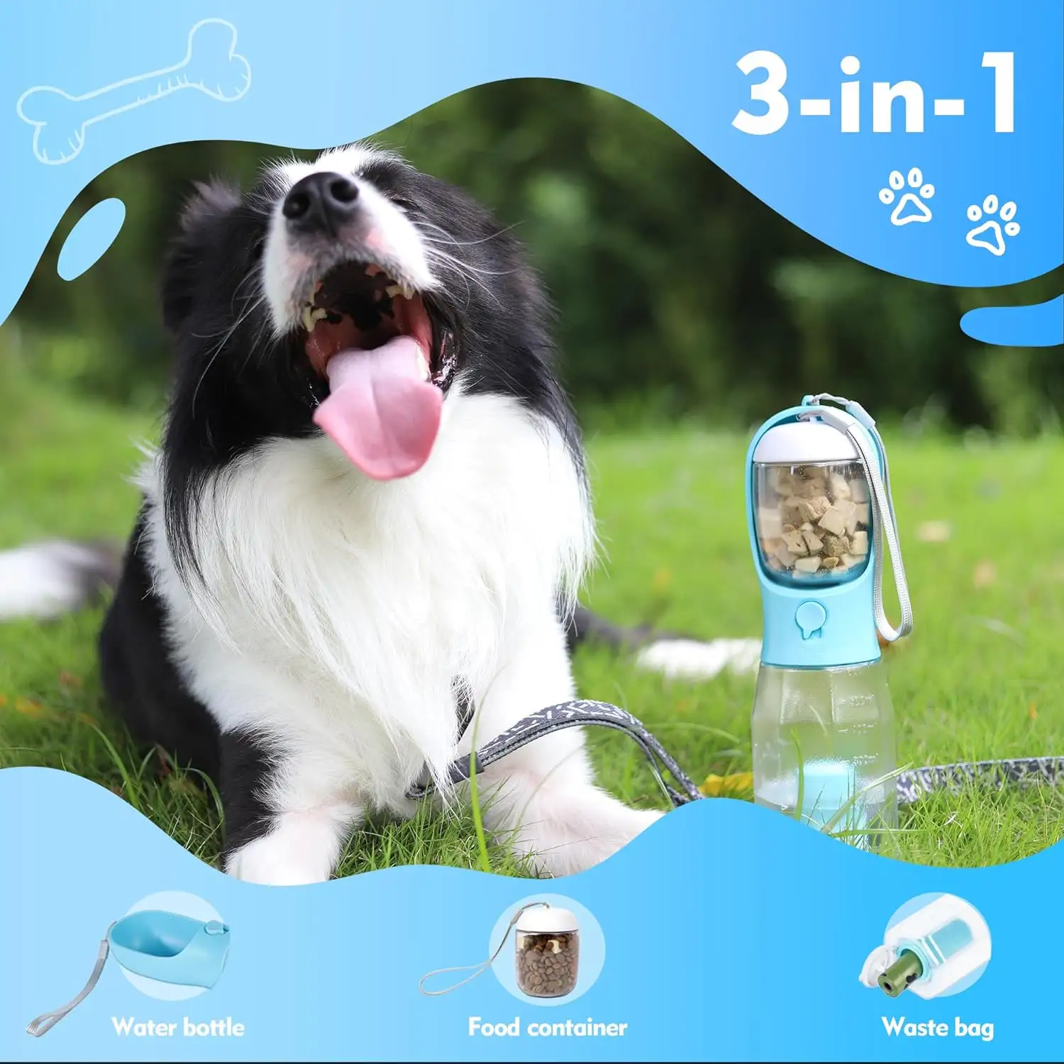 Garrafas de água 3 em 1 à prova de vazamentos para cães Garrafas de água para cães com recipiente de comida para viajar e passear
