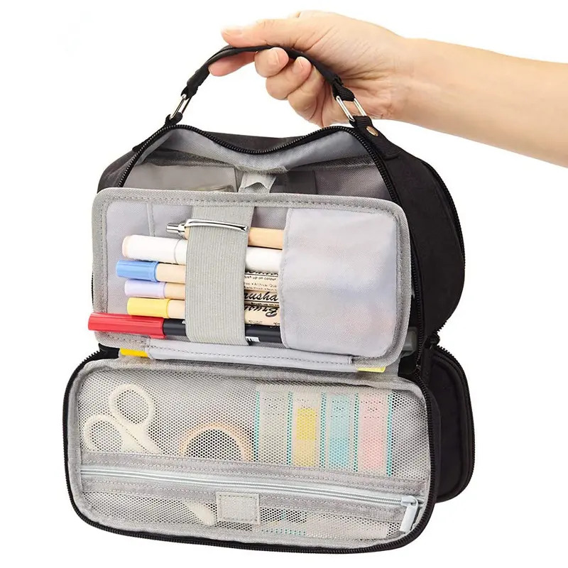 Big Capacity Pencil Case Stationery Storage Large Handheld Pen Pouch Bag Multiple Compartment Double Zipper Cosmetic Organizer