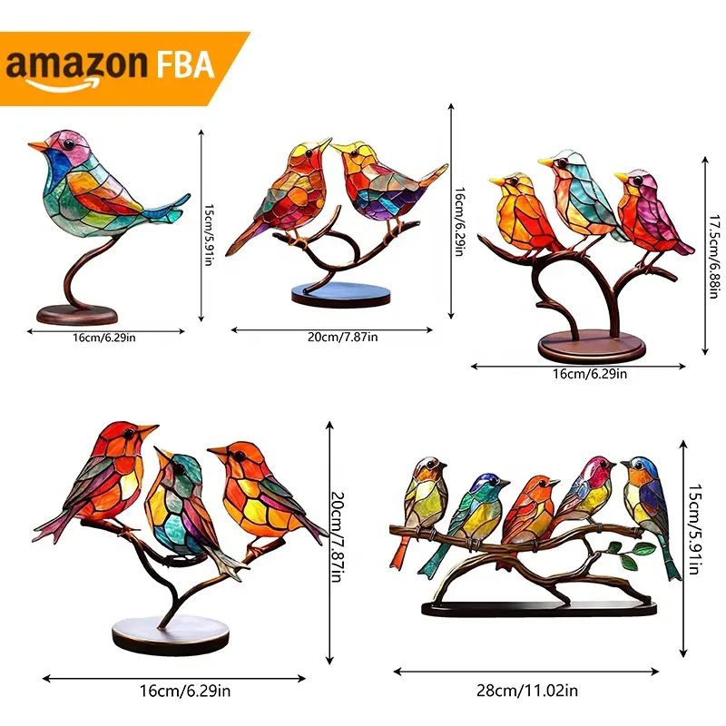 Colorful Desk Decorations Acrylic Stained Glass Birds Ornaments Metal Bird Sculpture Ornament