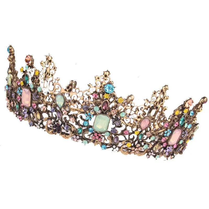 Set in oro retrò con corona grande in lega europea e americana più venduto con diadema principessa diadema con diamante a sette colori