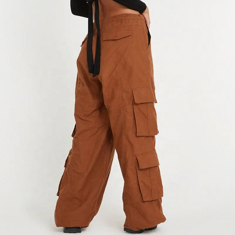 Özelleştirilmiş kahverengi baggy kargo pantolon kadın geniş bacak keten pantolon kadınlar 100% keten pantolon