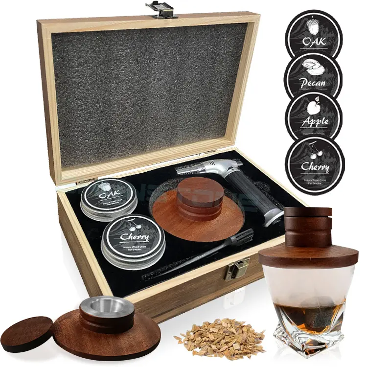 Kit de fumeur de cocktail barman avec torche et 4 types de copeaux de bois boîte en bois pour fumeur de cocktail de whisky