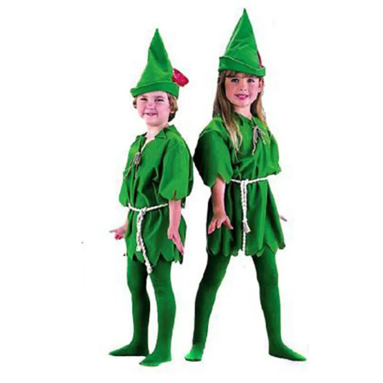 Ropa de actuación para padres, niños y niñas, disfraz de Peter Pan, Carnaval, fiesta de Halloween, Verde