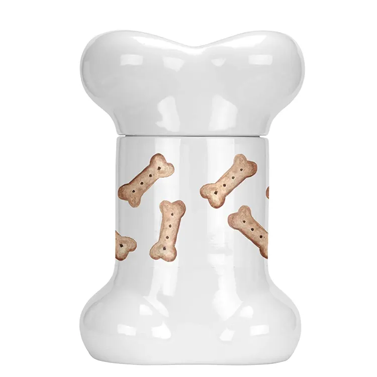 Bianco bone design Gres Pet Food Trattare Scatola Metallica di Ceramica con Coperchio di Latta di Stoccaggio Contenitore Vaso per il Cane Biscotti Del Biscotto