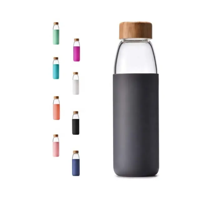 Glass Water Bottle 18 oz Borosilicate with Bamboo Lid BPA Free Non-Slip Silicone Cover Stainless Steel Leakproof Lid