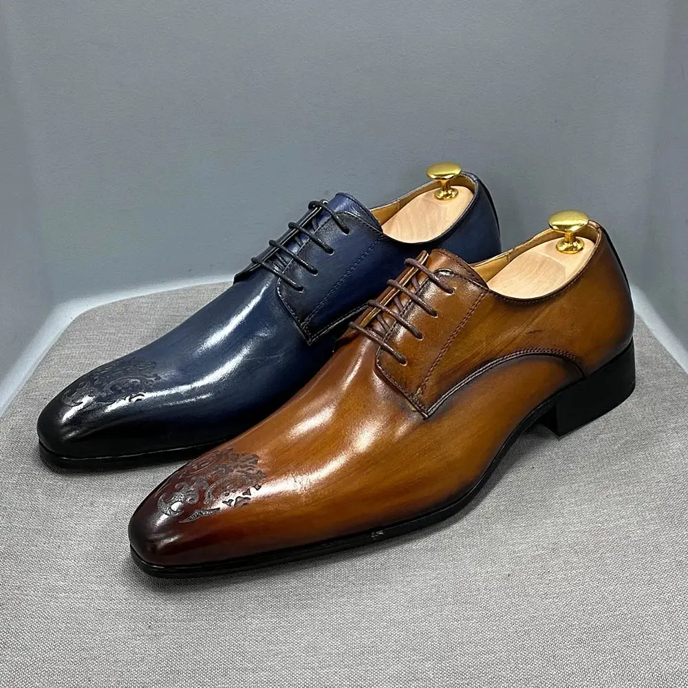 Sapatos casuais de couro masculinos, sapatos para homens com ponta esculpida, sapato formal derby para homens, F87-C9