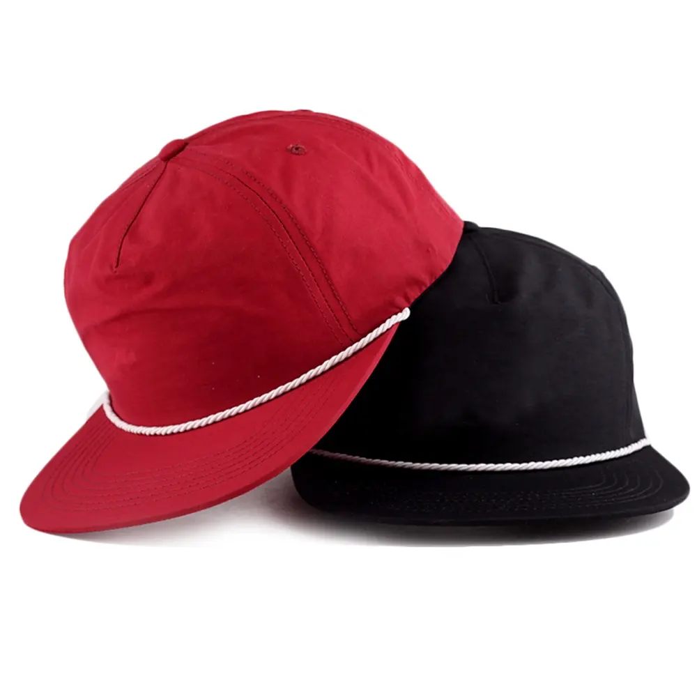 Chapéu de nylon snapback personalizado com aba plana e boné unestruturado com corda unissex de 5 painéis