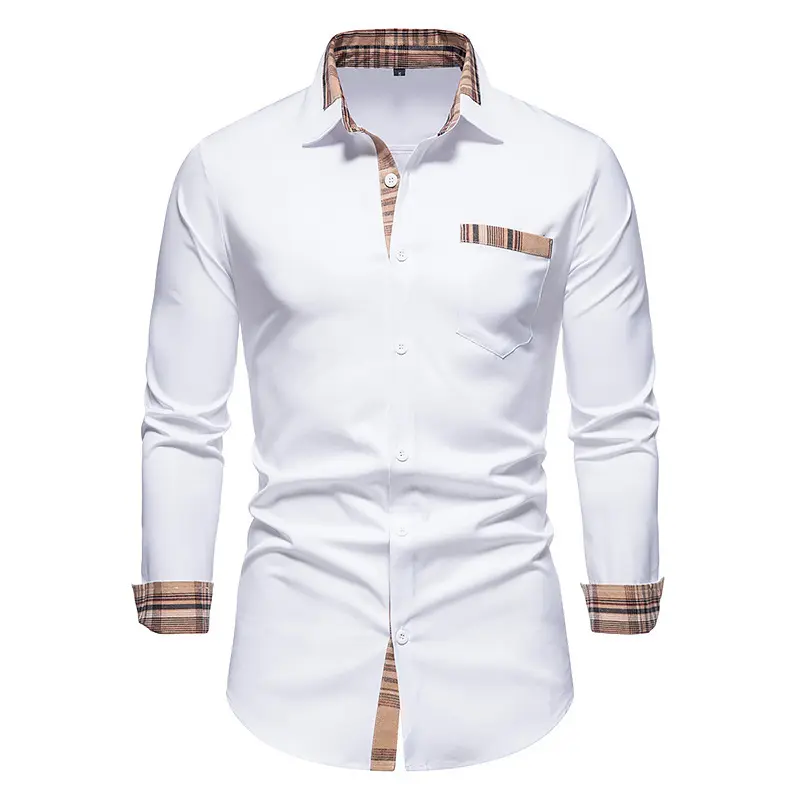 RNSHANGER otoño Plaid Patchwork camisas formales para hombres Slim manga larga blanco abotonado camisa vestido negocios Oficina camisas
