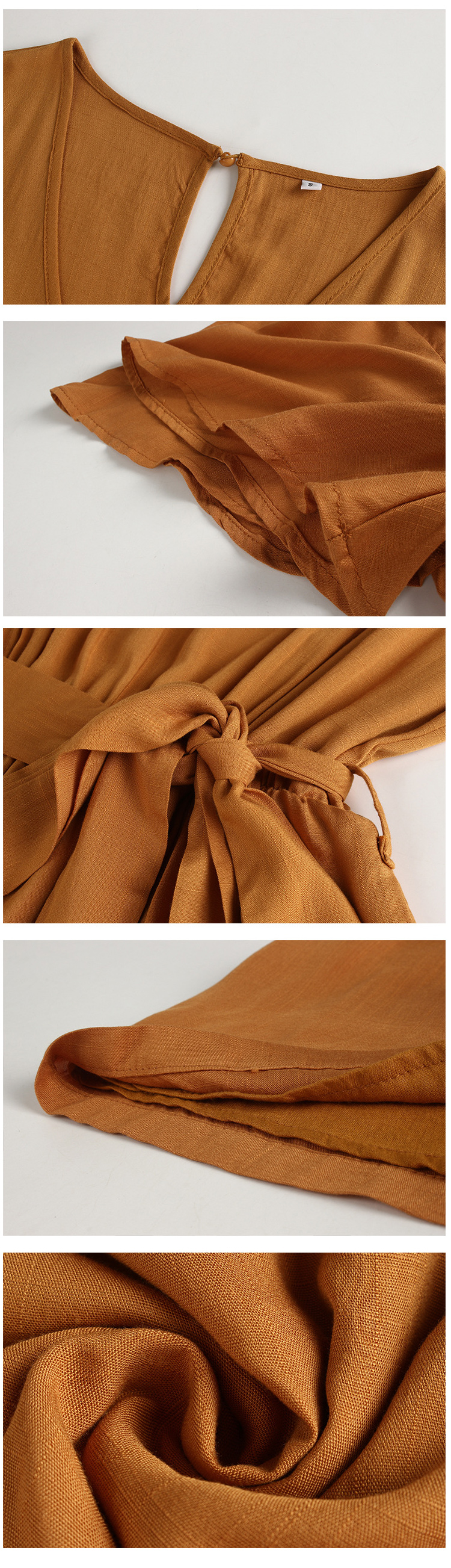 Designer Model hot sale item Summer cotton V-neck short flounce sleeves waist belted solid short jumpsuit