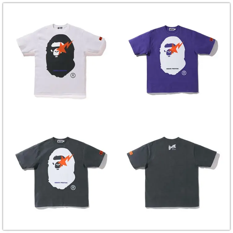 Hipster Co-Branded Bape-Man Head Star Print T-Shirt Heren En Dames Losse Korte Mouwen