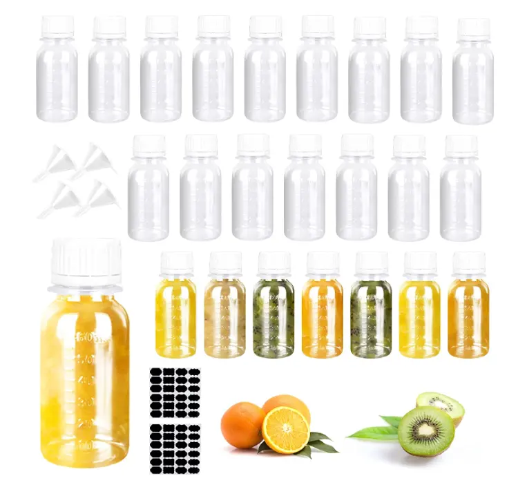 Mini garrafa de licor plástico 50ml etiqueta personalizada 100ml 2oz 60ml suco shot garrafas com tampas invioláveis