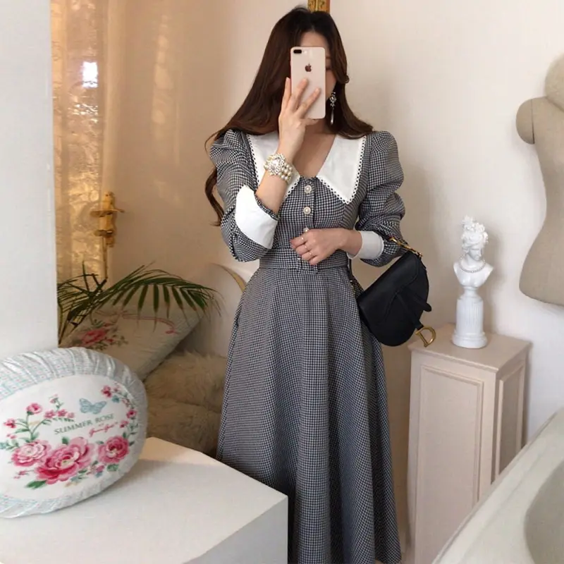 French Style Lapel Lace Plaid Dress Woman's Single-breasted High Waist Doll Collar Dress Sweet Puff Sleeve Dress With Belt