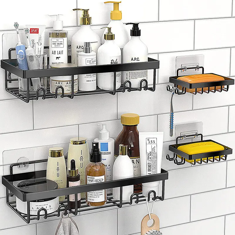Nuevo carrito de ducha montado en la pared, organizador de baño, estantes para inodoro, conjunto de accesorios, toallero autoadhesivo negro para almacenamiento