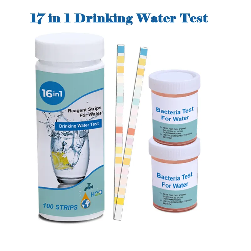 1 में 17 पीने पानी परीक्षण स्ट्रिप्स 100 गिनती + 2 बैक्टीरिया ई. कोलाई परीक्षण किट के लिए घर पानी परीक्षण