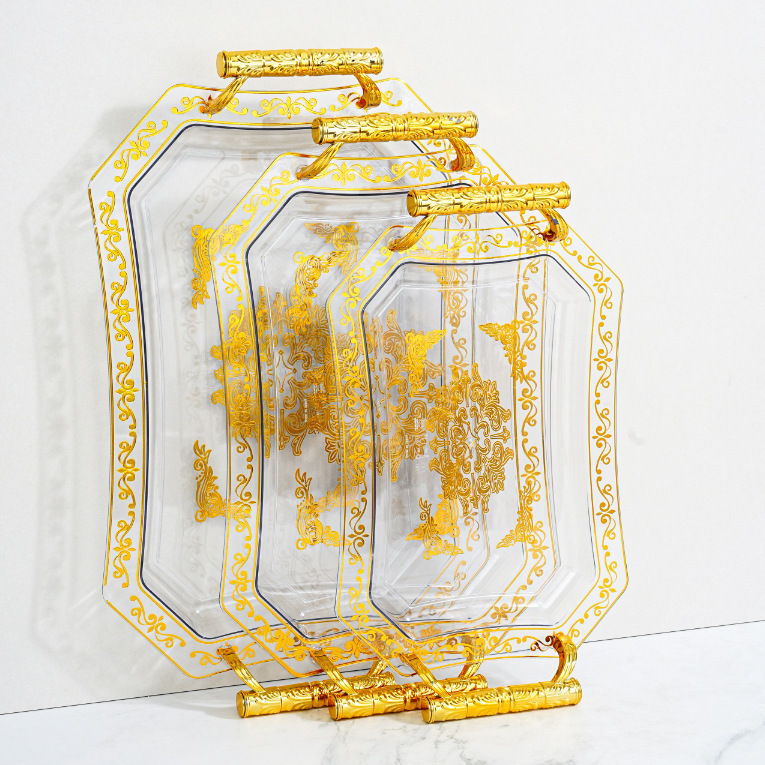 A922 Golden Printing Octagon Transparent Plate 3-piece Set