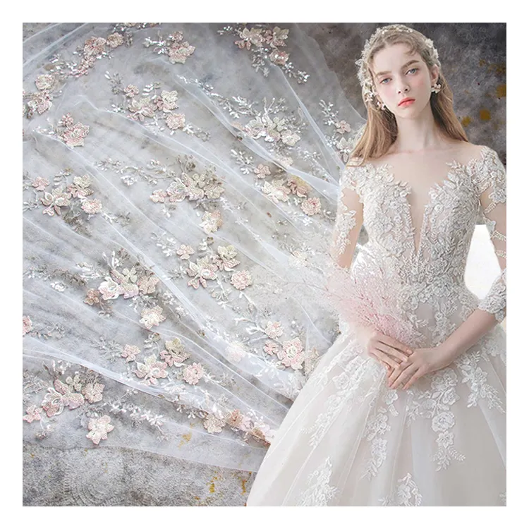 Tela de encaje para boda, tejido bordado de chiffli blanco y rosa transparente con cuentas hechas a mano, con flores