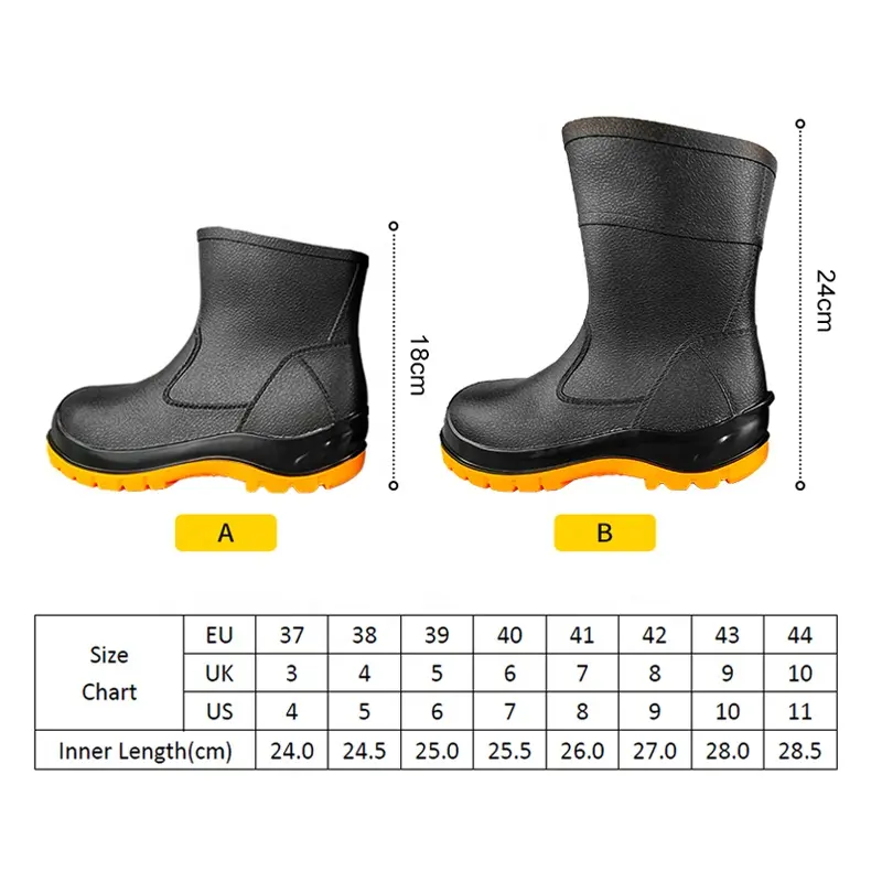 24cm Ankle Black Steel Toe Midsole Safety Rain Shoes Men Construction Site Protect Rain Boots Low Cut PVC Safety Rain Boots