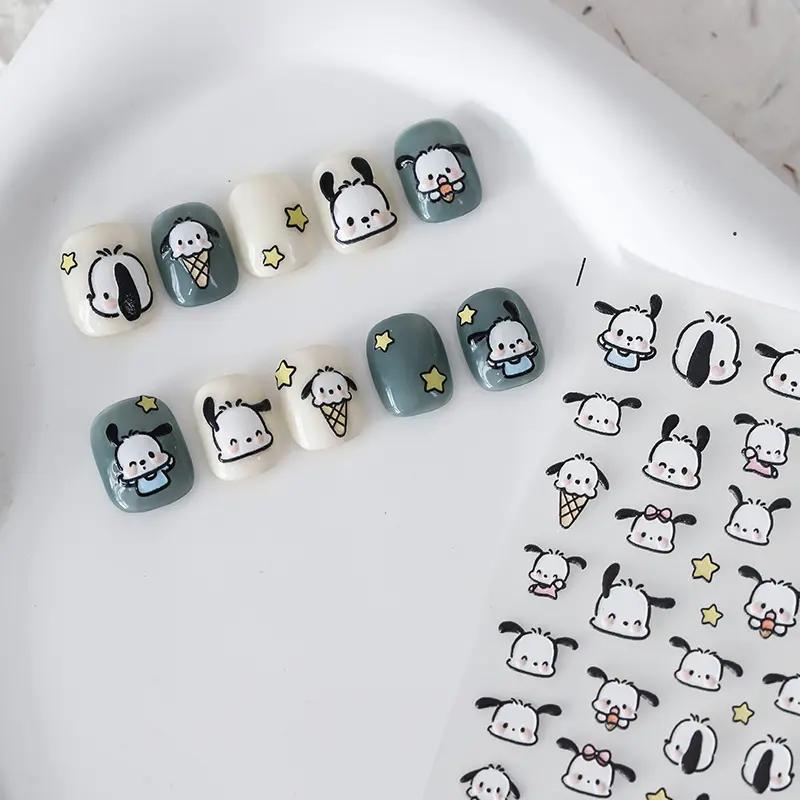 Wholesale Adhesive Cartoon Puppy Figure Cartoon Lovely Pochacco Print Nail Art Stickers and Decals Dog 5D Embossed Decoration