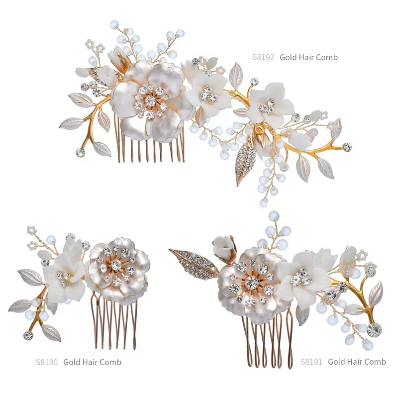 Fatti a mano In Ceramica Bianca Fiori Dei Capelli di Cerimonia Nuziale Accessori di Gioielli Da Sposa In Oro Foglia di Fiore Hairband Dei Capelli Pettini di Cerimonia Nuziale Della Forcella