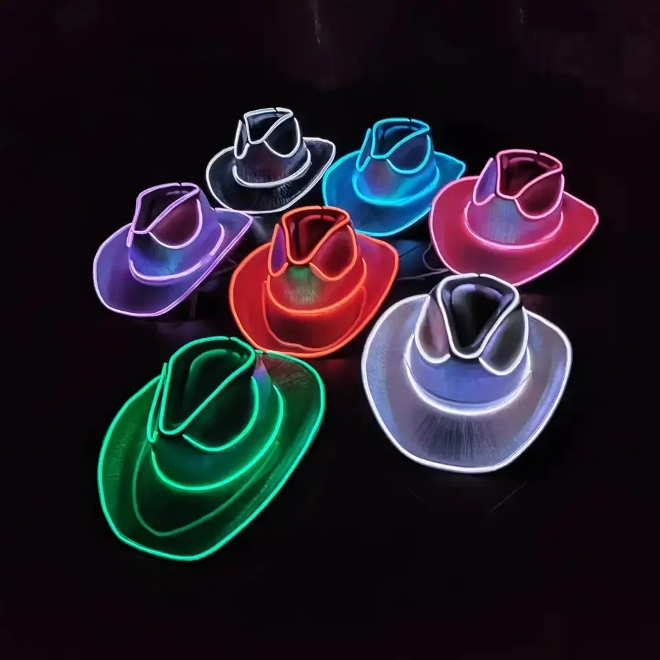 2024 nuevo neón brillo West Cow Boy colorido sombrero de luz LED para Halloween FIESTA DE Navidad EDC Cosplay disfraz sombreros de vaquero occidental