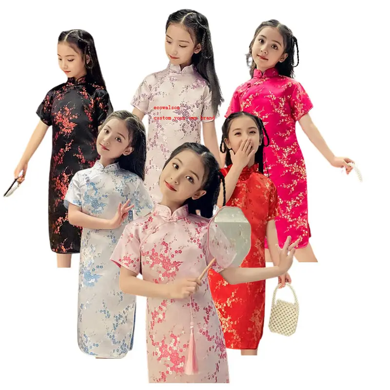 여자 여름 꽃 미니 드레스 1-10 년 십대 중국 스타일 Cheongsam 전통 민족 의상 ecowalso Qipao