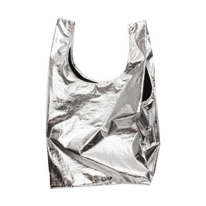 Özel Logo ile dayanıklı Polyester yapılmış özelleştirilmiş metalik gümüş geri dönüşümlü Tote çanta yeniden katlanabilir alışveriş çantası