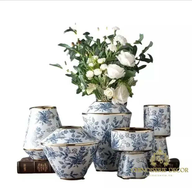 Jingdezhen Bình Hoa Gốm Nhỏ Màu Xanh Và Trắng Thủ Công Với Vành Vàng