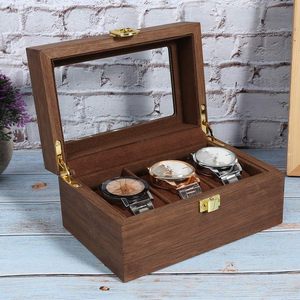 3 izgara izle ekran ahşap kutu siyah ceviz saat saklama kutusu şeffaf kapak İzle takı tutucu ile kilit - Product Image 4