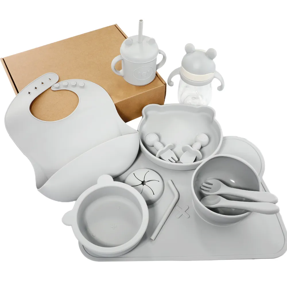 Vaisselle d'alimentation pour bébé 10 en 1 Set d'assiettes et de bols en silicone Biberon Sécurité sans BPA Assiettes en silicone Ensembles de vaisselle Ensemble de tasses à eau
