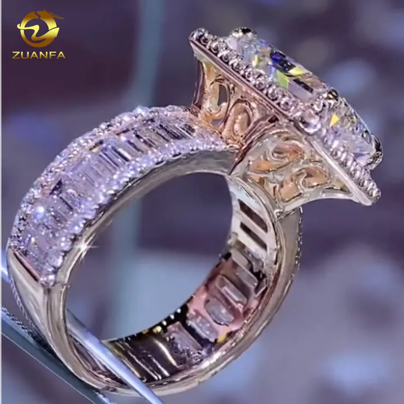 Venta caliente diseño personalizado Moissanite joyería gran corte esmeralda diamante anillo de compromiso moda 14K oro sólido anillos de boda
