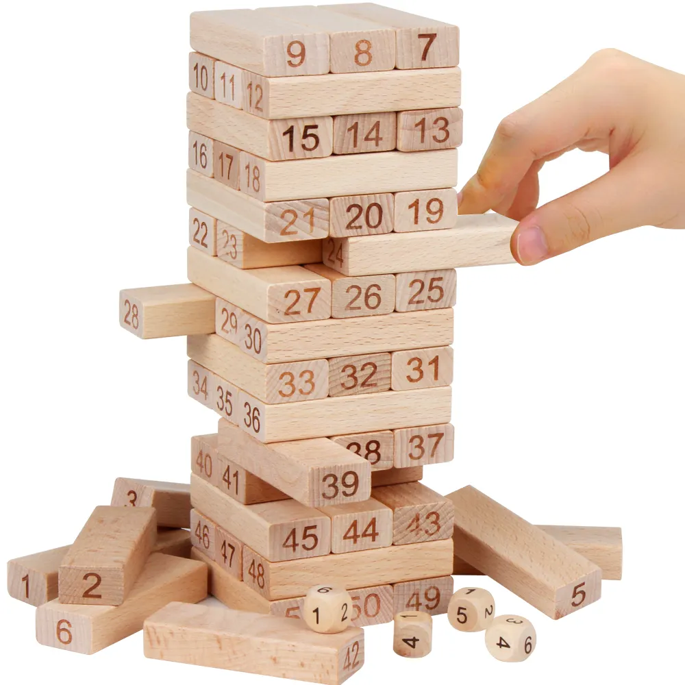 لعبة للأطفال العائلية 54 قطعة من الكتل الخشبية + 4 قطع من ألعاب النرد على شكل برج مكعبات بناء رقمية هدية تعليمية لشخصية اللعب الشهيرة