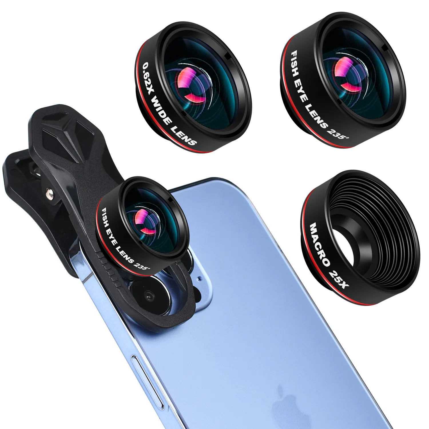Kit obiettivo per fotocamera mobile 3-in-1, 198 fisheye + 120 macro super grandangolare + 20x, per smartphone iPhone, Samsung e Android
