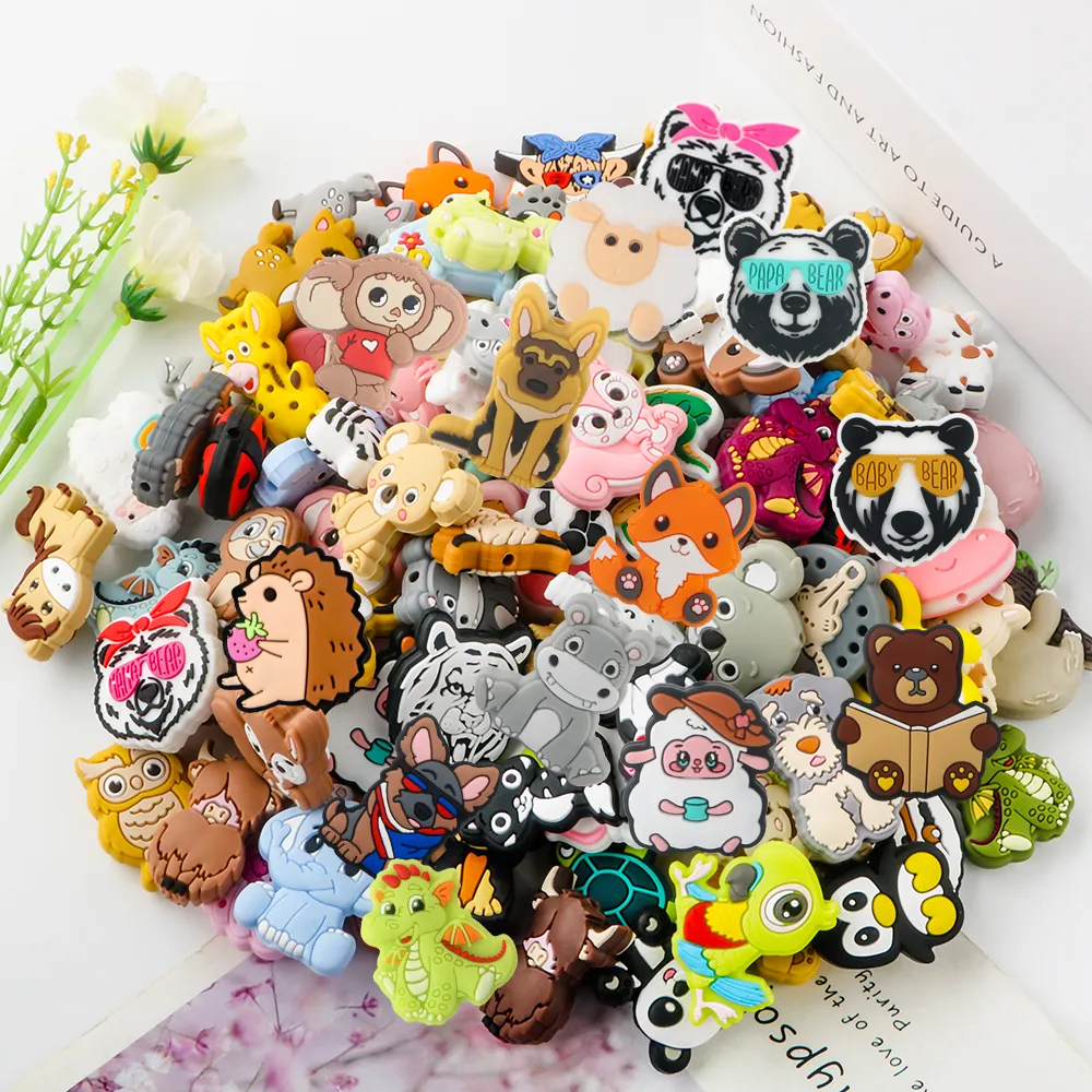 Wholesale Food Grade Baby Teething Chewable DIY beads Animal Custom Cartoon Silicone Charms Focal Beads For Pens Jewelry Making