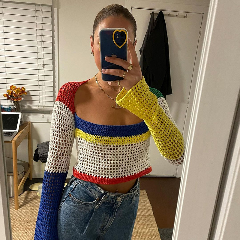 ZJ1327 Knitted Long Sleeve Crop Top Women Beach Y2K Autumn Summer Patchwork Vintage Green Casual T Shirts Sexy Fashion
