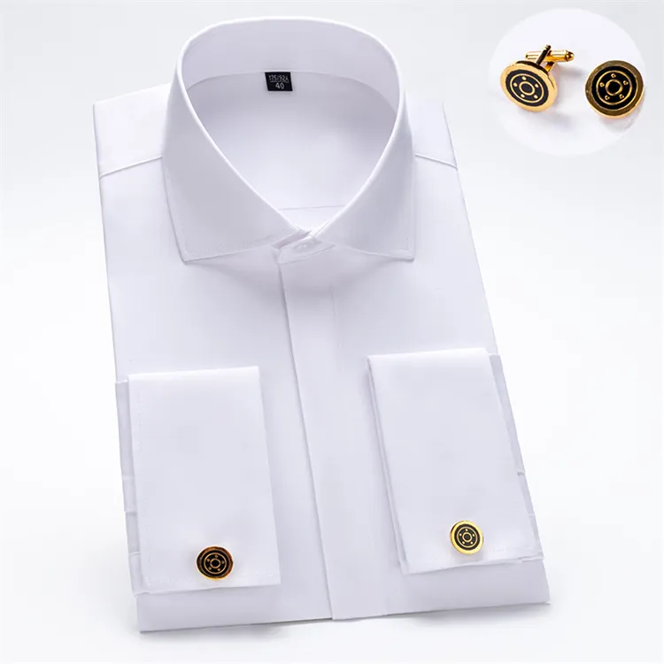 Camisa de abotoadura francesa masculina Masculina manga comprida Windsor gola button-down fibra de bambu duplo-dobrado mangas vestido de negócios whit