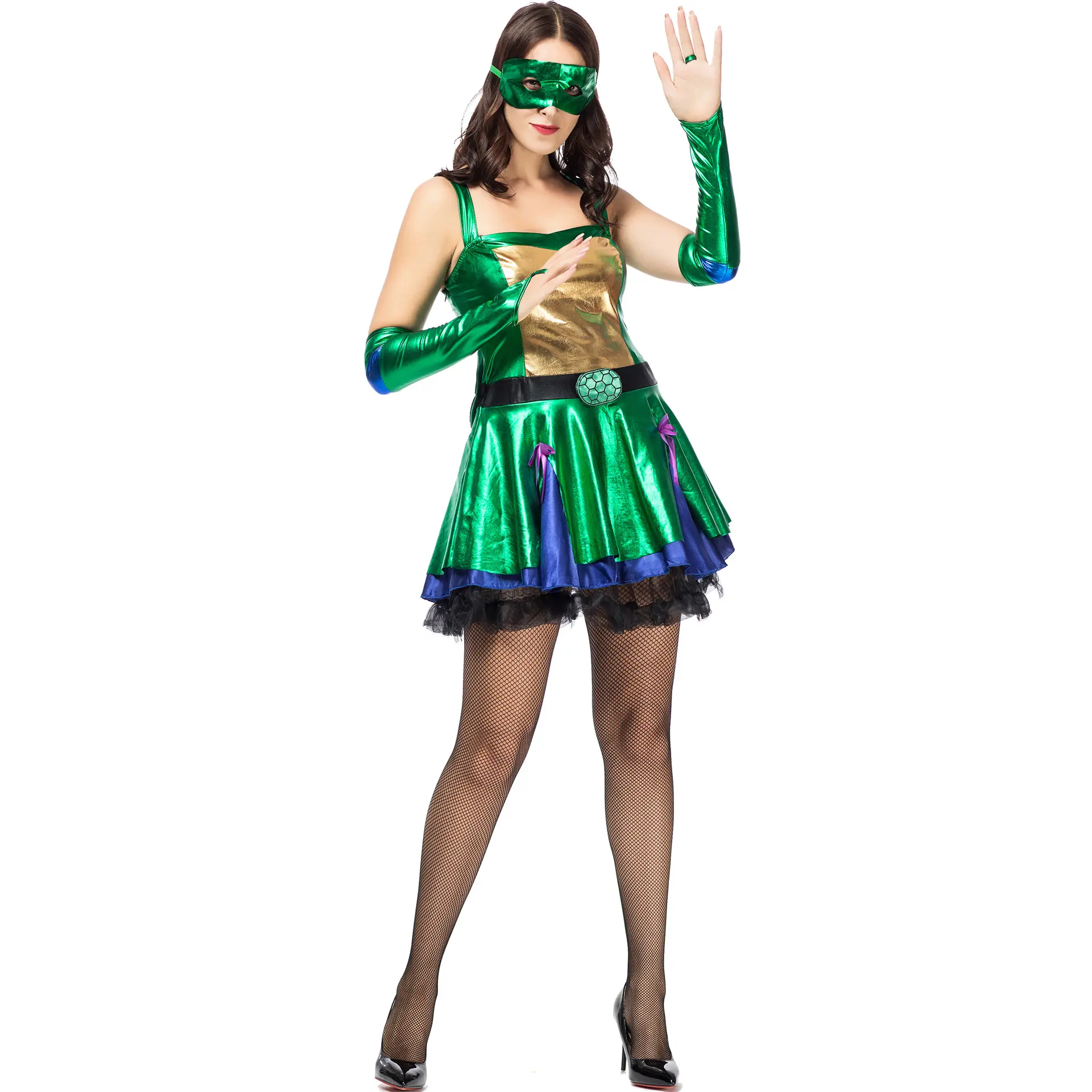 Disfraz verde de tortuga Ninja mutante para mujer, traje de Halloween con piel de PU, traje de tortuga verde