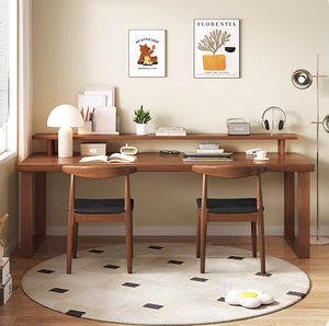 Pure Solid Wood Double <strong>Desk</strong> with Bookshelf <strong>Simple</strong> <strong>Computer</strong> <strong>Desk</strong> Against the Wall Workbench - Product Image 5