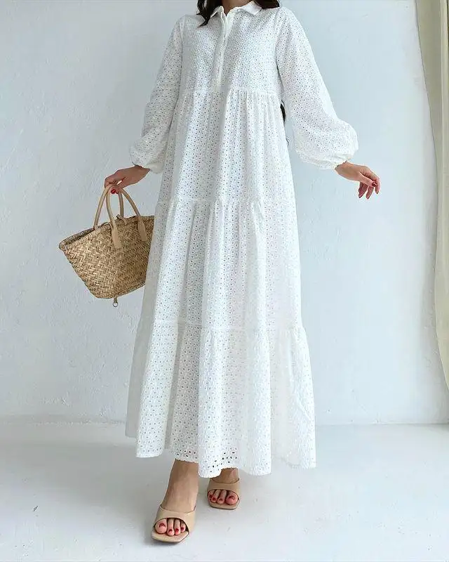 Premium içi boş puf kollu tasarım mütevazı DubaiTurkey yüksek bel mütevazı Kaftan Maxi pamuk Abaya müslüman kıyafetleri kadınlar için