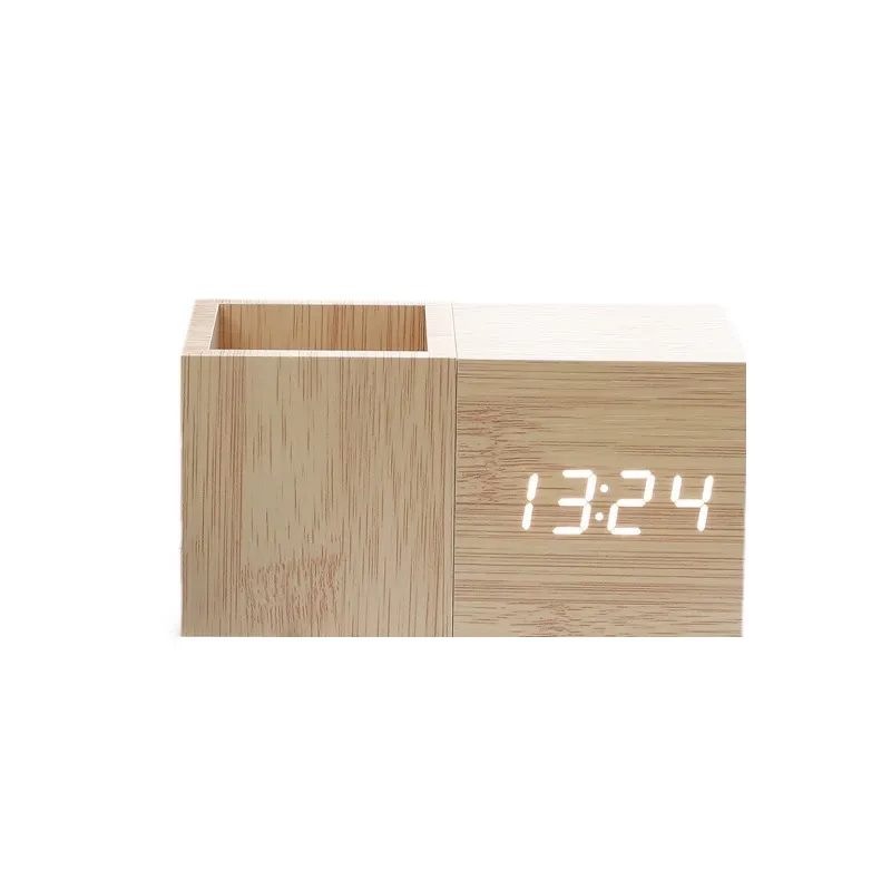 Réveil numérique en bois MDF avec affichage de la température Veilleuse de table mécanique à grand écran pour le sommeil à la maison