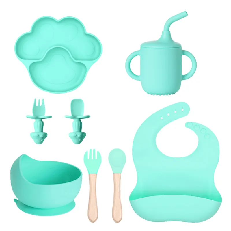 Assiettes et bavoirs divisés en silicone pour bébés, aliments pour enfants, ensemble d'alimentation en silicone pour tout-petits, pour les voyages d'été, usine OEM