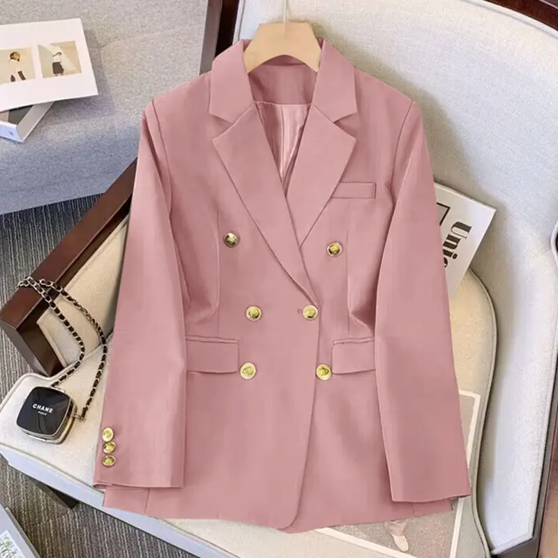 Y402034 kadın Trendsetter göğüslü Trim Suit kadın gevşek rahat ceket düğme ofis takım elbise Blazer