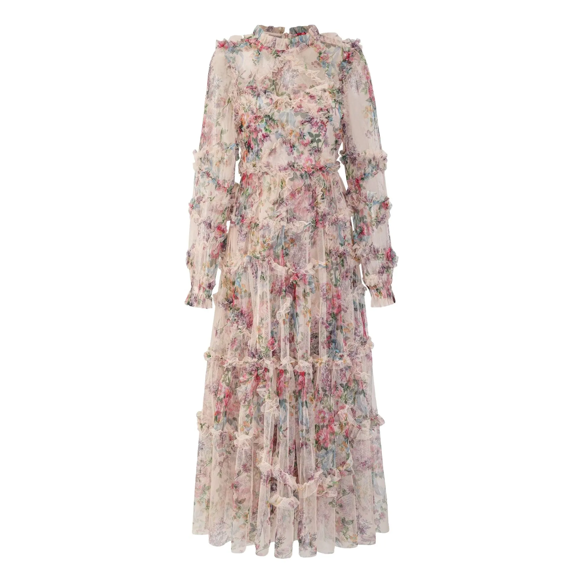 Vestido de noiva solto de manga comprida com estampa floral de vintage feminino elegante da moda 2024
