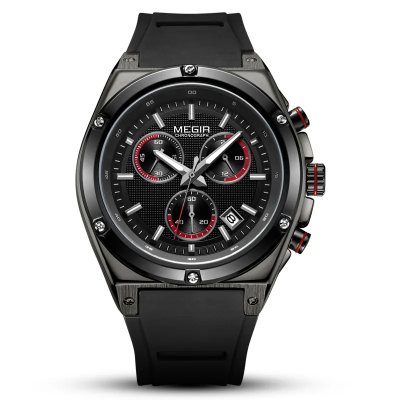 MEGIR 2073 nuevo estilo caballeros reloj negro perfecto correa de cuero genuino cronómetro Luminoso a prueba de agua publicidad reloj de pulsera