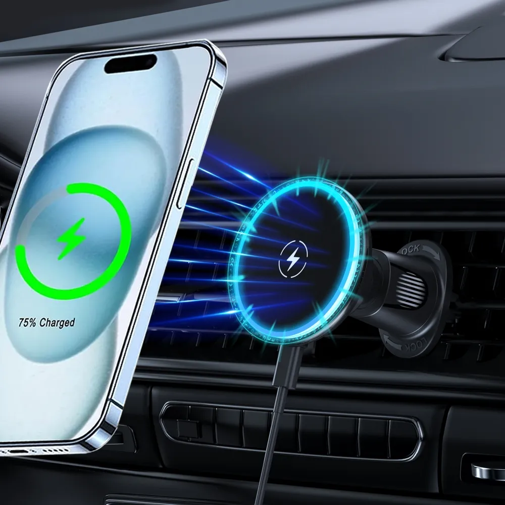 Nouvel arrivage Conception de lumière ambiante LED 15W Chargeur de voiture magnétique Support de téléphone portable à charge rapide sans fil pour Smartphone