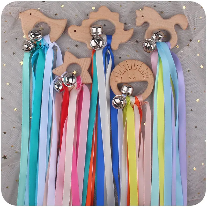 Animali Baby massaggiagengive giocattoli nastro arcobaleno in legno per bambini anello molare faggio naturale masticare giocattolo sensoriale neonato regalo doccia