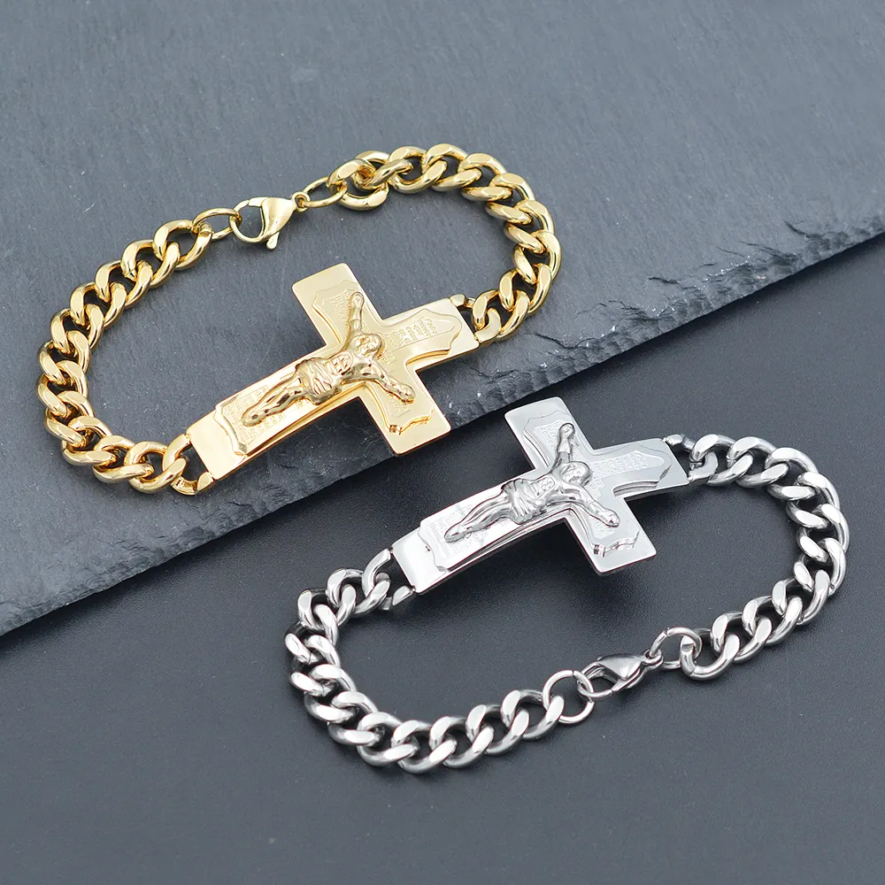 Wear With Accessories Catholic Christian Cross Hip Hop Sterling Silver Bracelet 18k Gold Plated For Women And Men
